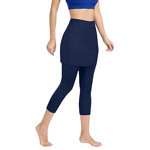 Lainuyoah Leggings capri com saia com bolsos para mulheres, cintura elástica para treino, calça de t