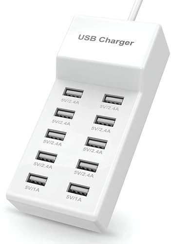 Image of Upix 50W 10-Port USB Charging Station with Smart Auto Detect, Multi-Port Charger Hub, 5V /2.4A Fast Charging for Mobile Phones, Tablets, Smartwatch, Earbuds, Power Bank, AC 100-240V, White