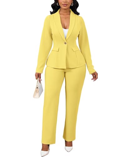 Two Piece Blazer Set for Women Dressy Straight Leg Pant Suit Professional Business Formal Office Work Outfits Yellow M