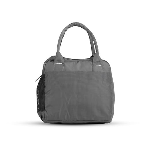 Image of Fluxy Lunch Bag for Men & Women | 7.4L Lunch Tote for Office, School & Travel | Durable 1000D Polyester Lunch Carrier with Zipper & Multiple Pockets | Reusable Tiffin Bag (Grey, 22 cm)