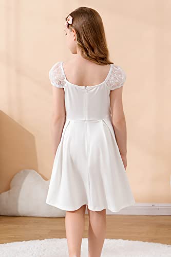 Gorlya Girls Scoop Neck Polka Dot Mesh Puff Sleeve Casual Party A-Line Dress With Pockets For 4-14T(Gor1155,14Y,White) #TOP1