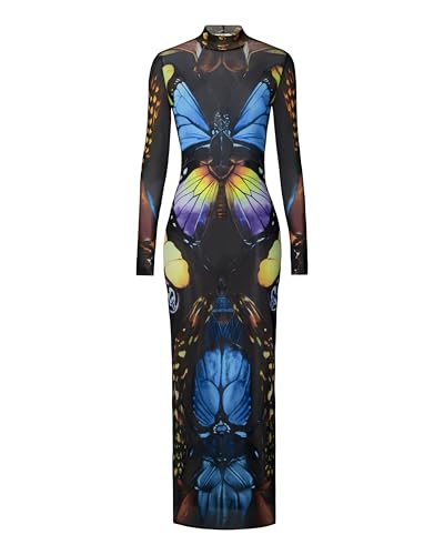 JW PEI Womens Butterfly Mesh Maxi Dress - Multicolor