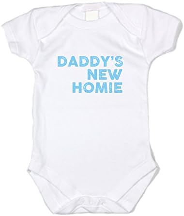 Graphic Fit Trendy Baby Clothes - Daddy's New Homie - Blue Text, White Bodysuit (0-3 Months)