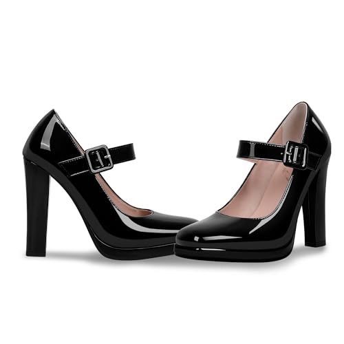 Women's Block High Heel Platform Mary Janes Shoes Buckle Strappy Square Toe Dress Pumps4