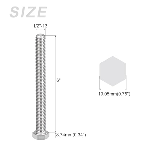 Image of METALLIXITY Hex Head Bolts (1 /2-13 x 6) 2Pcs, 304 Stainless Steel 18-8, Fully Threaded, External Hex Drive, Plain Finish, Hex Head Screw Bolt, Silver