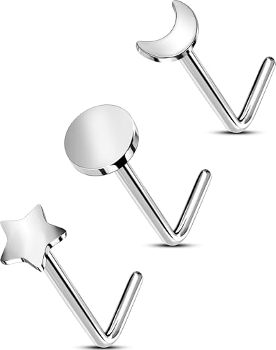 OUFER Nose Piercings, G23 Soild Titanium 20G Nose Ring, 3PCS L-Shaped Nose Studs For Women Men, Star Moon Nostril Piercing Jewelry-Silver