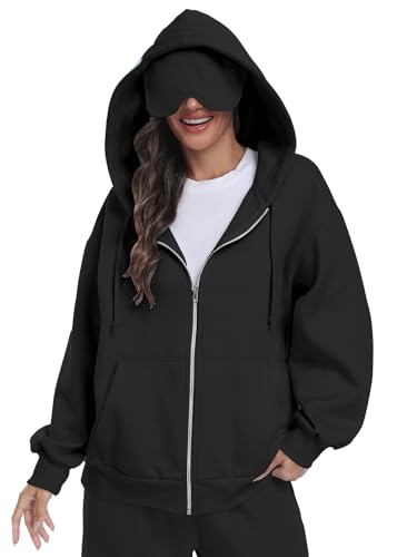 SeSe Code Unisex Zip Up Hoodie With Eye Mask Airplane Mode Travel Hoodies Oversized Sweatshirt Fleece Jacket Black L
