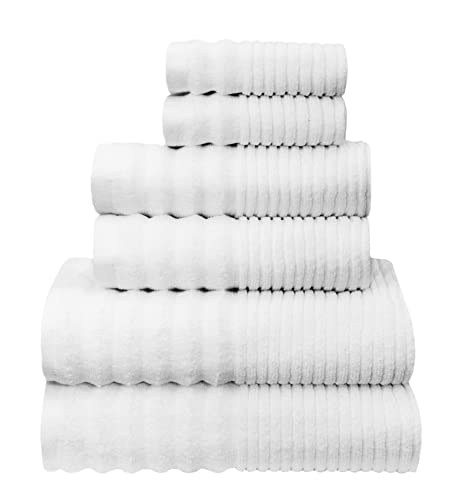 Cotton Craft 6 Piece Towel Set - Sculpted Super Zero Twist Plush 100% Cotton Ribbed Bathroom Towel Set - Soft Absorbent Textured Luxury Hotel Spa Gift - 2 Bath Towel, 2 Hand Towel, 2 Washcloth - White #TOP21