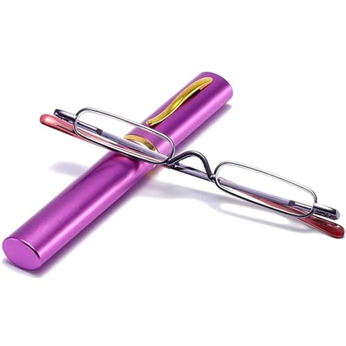 KoKoBin Mini Slim Reading Glasses Spring Hinge Metal Reading Aid Unisex with Case (Purple, +2.0)