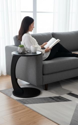 Image of Modern C-Shaped Side Table for Sofa & Bed | Black Laptop Snack Table | Space-Saving Couch Side End Table for Living Room Bedroom | Portable Coffee Table for Home Office (C Black)