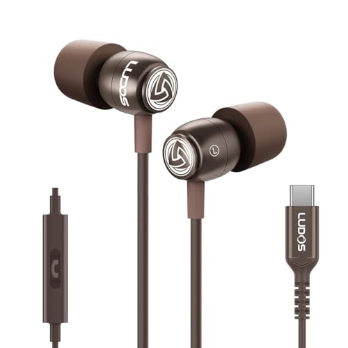 LUDOS Clamor USB C Headphones for iPhone 16 15 Pro Max Plus iPad Pro, 5 Years Warranty, USB-C Earbuds for Samsung Galaxy S24 S23 Ultra S22 S21 FE S20 A55 A54 A53, USB Type C Earphones - Brown