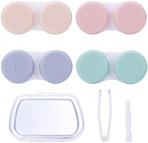 Medo 4 Pack Contact Lens Cases, Contact Lens Container Box Portable Travel Contact Lens Case Left/Right Eyes Contact Lens Holder with Storage Box Tweezers Wearing Stick