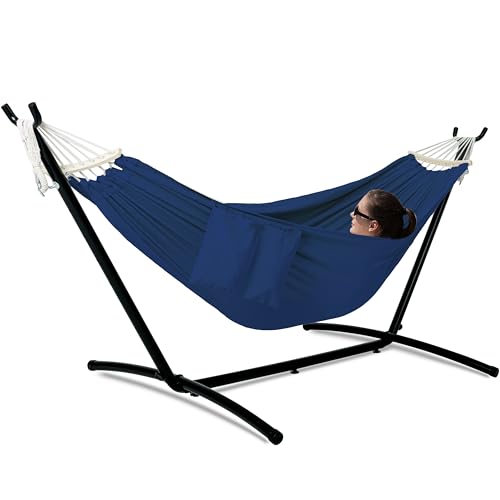 Image of GAFETE Double Hammocks with Stand for Outside, Max 600lbs, (Navy Blue) | Upgraded Spreader Bar, 9FT Heavy Duty & Space Saving Stand, Easy Assemble, Convenient Side Pocket, Indoor & Outdoor, Patio