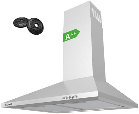 CIARRA Hotte Aspirante 60cm 370m³/h Classe A++- Evacuation ou Recyclage - Filtres à Charbon INCLUS - 3 Niveaux de Vitesse - Hotte Murale - Inox - CBCS6201