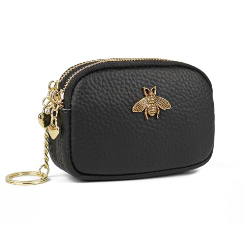 imeetu Women Leather Coin Purse Small 2 Zippered Change Pouch Wallet(Copper Bee Black)