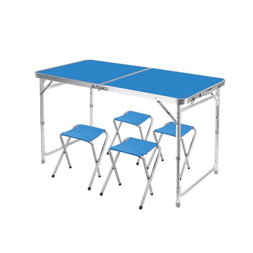 Juego de mesa y silla de camping ultraligera e impermeable, mesa de picnic de aluminio duradero con 4 taburetes, muebles plegables de exterior en color azul para senderismo y portón trasero.