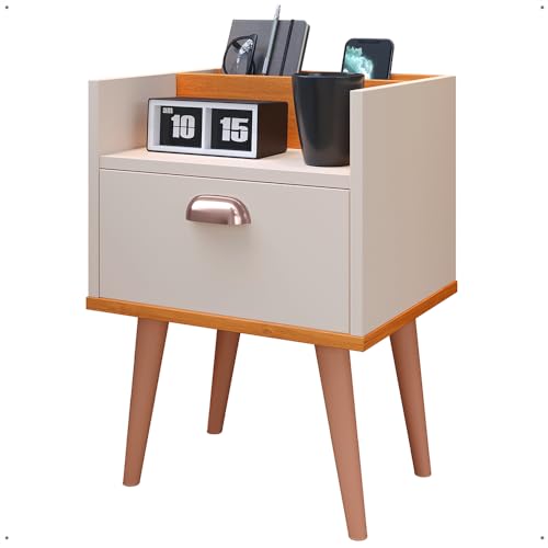 Mesa de Cabeceira Retrô 1 gaveta Porta Celular Milena - Off White/Cinamomo