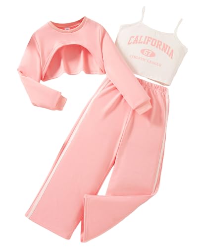 YOURUIKEY Girls 3 Piece Outfits Long Sleeve Crop Shirts & Cami Tops & Sweatpants Sets Fall Clothes Size 12