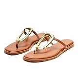 Wnshonzy Flip-Flops for Women Thong Sandals Flat Slip on Slides Leather Beach Comfort Open Square Toe Ladies Slipper Dressy Metal Hardware Decoration Summer Shoes Casual Fashion Brown