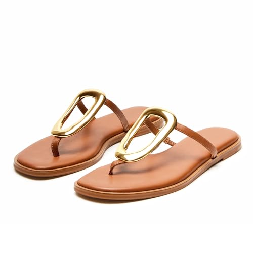 Image of Wnshonzy Flip-Flops for Women Thong Sandals Flat Slip on Slides Beach Comfort Open Square Toe Ladies Slipper Dressy Metal Hardware Decoration Summer Shoes Casual Fashion