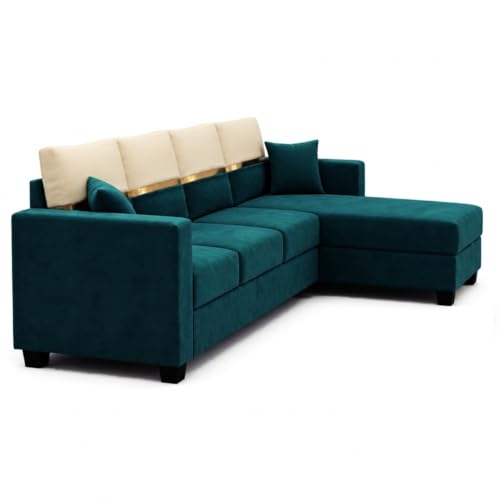 Image of Furny Arvea 5 Seater Fabric RHS L Shape Sofa Set (Greenish Teal) | Soft Velvet Fabric | Modern Design | Comfortable Seating | Living Room Furniture