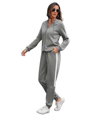 Marvmys Women Color Block Jogging Suit Long Sleeve Swetsuits Set Zip Up Hoodie Jogger Set Matching Tracksuit Outfits Grey M