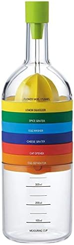 Essential 8 in1 Kitchen Tool Bottle.Multipurpose Kitchen Gadget 8 Cooking Utensils Set: Funnel,Measuring Cup,Lemon Squeezer, Potato Masher,Cheese Grater,Spice Grater,Egg Separator and Can Opener