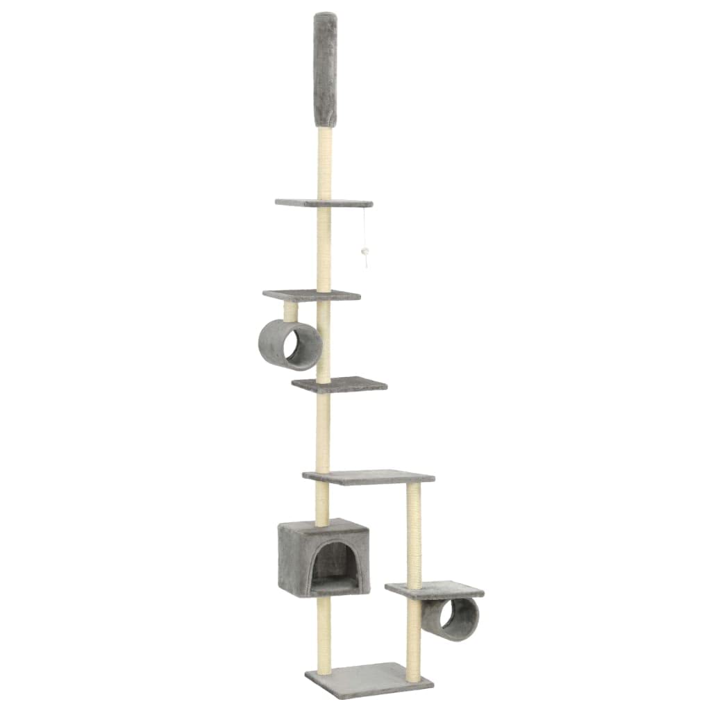 Deckenhoher Kratzbaum 260 cm Grau mit Sisal-Kratzsäulen | Kletterturm fürs Wohnzimmer mit kuscheliger Katzenhöhle, zwei Spieltunneln und robusten Sisalstämmen zur Krallenpflege.
