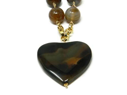 Collana con Pietre di Agata Marrone e Ciondolo a Cuore, Stile Rosario, 52 cm, Fatto a Mano