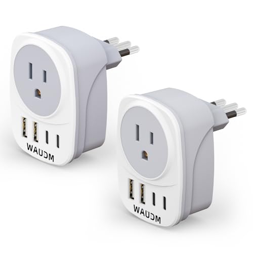2 Pack Italy Travel Power Adapter, Italy Travel Plug Adapter with 2 USB and 2 USBC Ports, L-Shaped 3-Pin Ground Plug for USA to Italy Uruguay Chile Rome