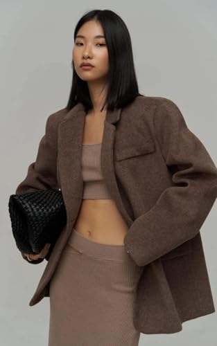 PIRAL Women's Wool Blend Suit Jacket – Mid-Length Baggy Fit, 80% Polyester 20% Rayon, Button-Up Closure & Side Pocket4