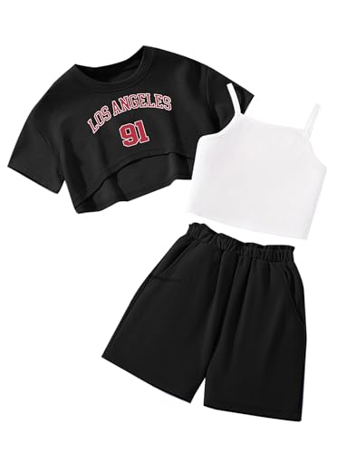 Image of Hilinker Girls 3 Piece Summer Outfits Graphic Crop Tee and Cami Top with Shorts Set
