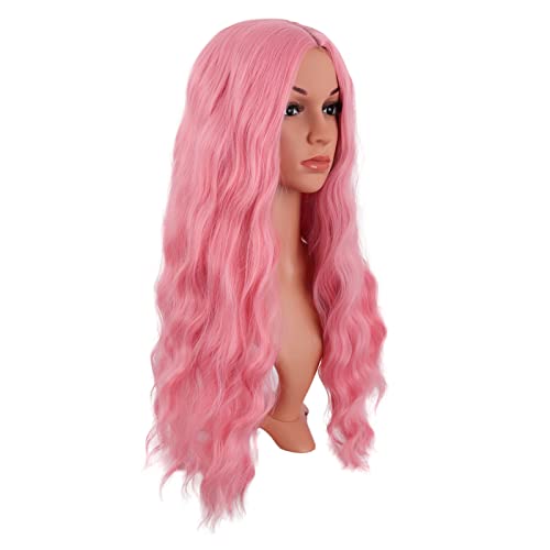 mapofbeauty 28 inch70 cm long wavy middle part with no bangs synthetic fiber curly fashion women party cosplay wig light pink