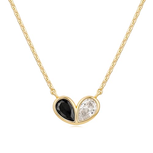 MYEARS Women Gold Necklace Heart Pendant Double Waterdrop Black Cubic Zirconia 14K Simple Dainty Chain Everyday Trendy Jewelry