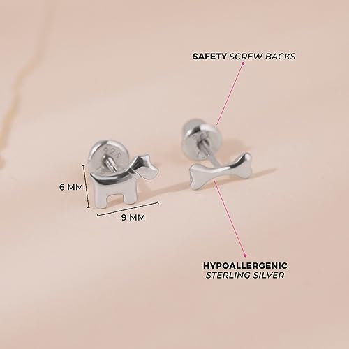 925 Sterling Silver Dainty Polished Dog & Bone Screw Back Earrings for Toddlers & Little Girls - Adorable Dog Shaped for Everyday Wear - Special Man Best Friends4
