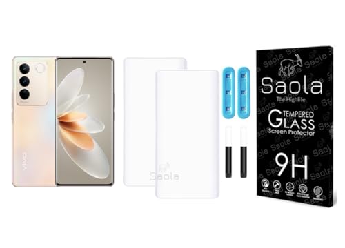 Image of Saola Curved UV Tempered Glass For Vivo V27 5G. Comes With UV Light & Glue For Finest Pasting. Edge To Edge Protection With Case Friendly Fit. (Pack Of 2)