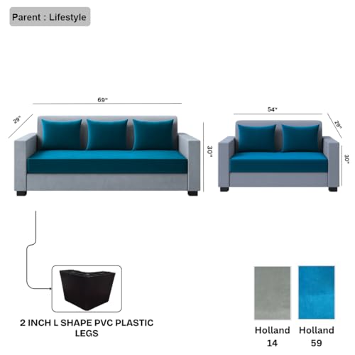 Image of FURNY Lexon 5 Seater Fabric 3+2 Sofa Set (Aqua Blue-Light Grey) | Premium Velvet Finish | Durable & Comfortable | Ideal for Living Room