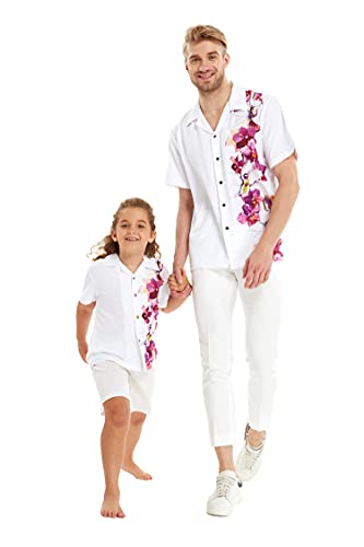 Matchable Hawaiian Luau Father Son Men Aloha Shirt or Boy Aloha Shirt in Watercolor Orchid