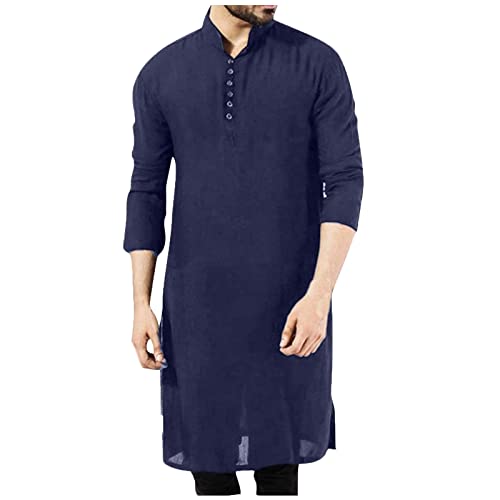Muscularfit amazon outlet sales clearance today Men's Fashion Arabian Style Shirt Tops Long Sleeve Button Stand Collar Pullover Solid Muslim Robe Long Thobe 100% cotton sweatshirts Navy 5X