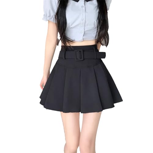 Womens Fashion High Wasit Belt Skirt Solid Color A-Line Pleated Short Skirt Summer Beach Skirt