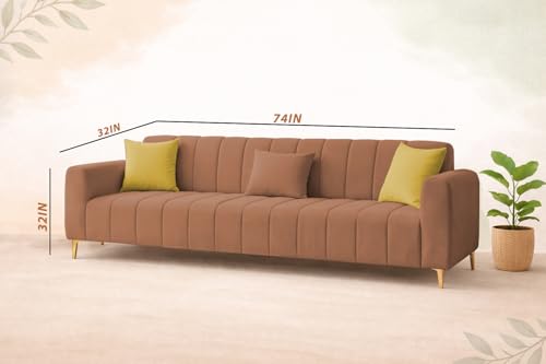 Image of Casaliving Velour Modern Velvet Sofa, Tufted Design Upholstered 3 Seater Sofa Set for Living Room, (Brown Colour) Premium Velvet Fabric Sofa