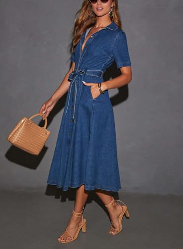 utcoco Women's Denim Shirt Dress with Belt Elegant Short Sleeve Button Down Midi Dress with Pockets3