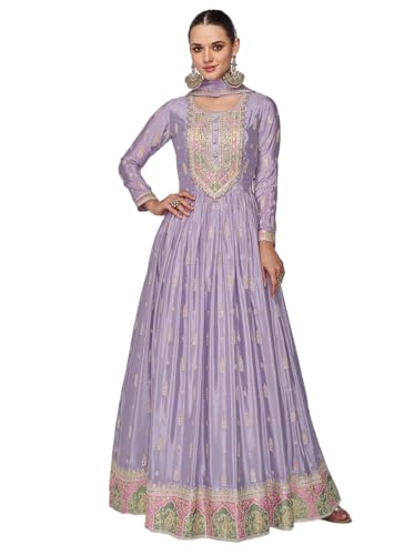 Image of Miss Ethnik Women's Purple Chinon Stitched Top with Dupatta Full Sleeve Embroidered Anarkali Gown (ME-1179)