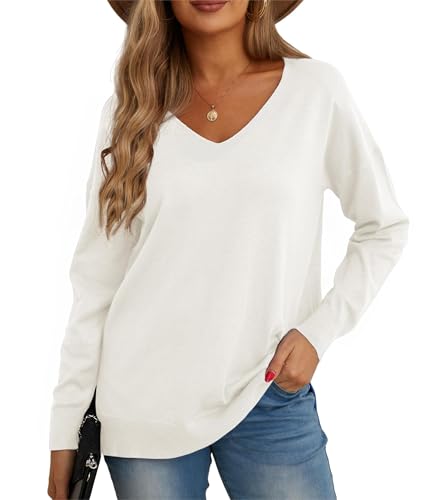 GRECERELLE Damskie dziane swetry z dekoltem w szpic V, bluza na co dzień, klasyczna, jednolita, pullover z długim rękawem, swetr, top, bluzka, koszulka na zimę, jesień, wiosnę, biały, XL