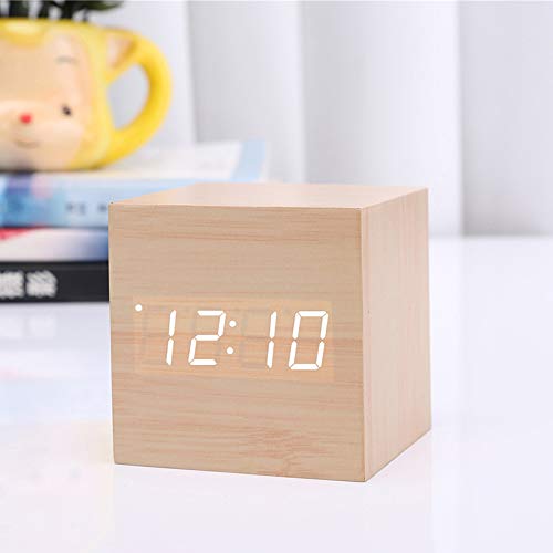 Reloj digital de madera con mini reloj despertador Cube, Reloj de mesa LED USB/Batería alimentado por la noche Reloj Decoración para el hogar