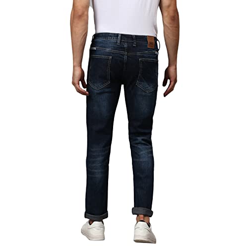 Image of CAHOOT Men's Navy Blue Tapered Dark- Wash Denim Jeans | Stretchable Cotton Mid-Rise Denim Jeans Crafted with Comfort Fit and High Performance for Everyday Wear