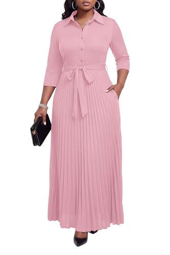 Image of Runwind Maxi Dresses for Women, 3 /4 Sleeve Botton Down Pleated Long Dress with Belt Casual Church Dress with Pockets