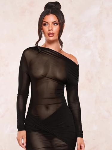 Image of Floerns Women's Asymmetrical Neck Sheer Mesh Long Sleeve Evening Bodycon Maxi Dress