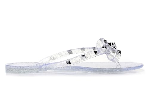Image of Studded Jelly Shoes for Womens Bow Flip Flops Jellies Sandals Flat Black Summer Beach Thong with Rivets Strappy Slides Slip On