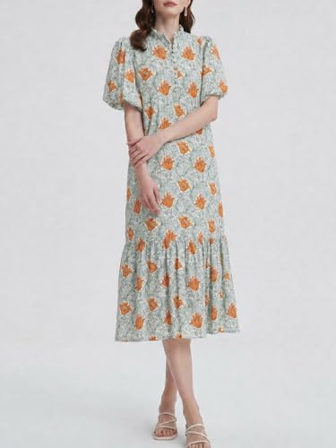 Image of Summer Floral Midi Dress for Women Spring Puff Short Sleeve Button Down Flowy Boho Dresses